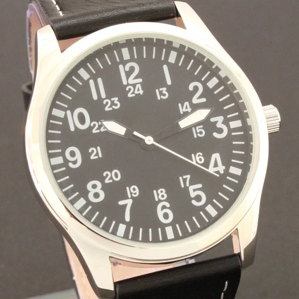 Men's Quartz Field Watch Silver Case Black Leather Strap 42mm - Picture 8 of 12